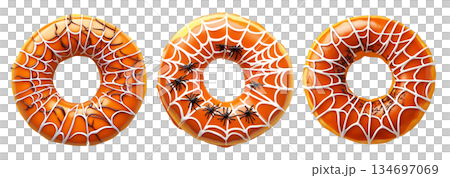 Delicious donut topped with caramel glaze and white spiderweb icing pattern, isolated on white transparent background Delicious donut topped with caramel glaze and white spiderweb icing pattern, isolated on white transparent background 134697069