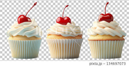 Vanilla cupcake topped with smooth whipped cream and a bright cherry, isolated on white transparent background 134697073
