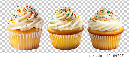 Vanilla cupcake topped with creamy white frosting and colorful sprinkles, isolated on white transparent background 134697074