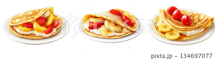 Delicious folded pancake filled with banana slices, raspberries, and cream, isolated on white transparent background 134697077