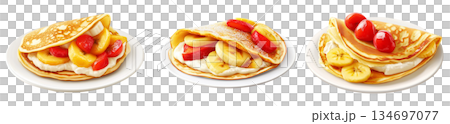Delicious folded pancake filled with banana slices, raspberries, and cream, isolated on white transparent background 134697077