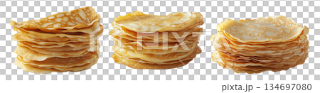 A stack of thin golden crepes with crispy edges isolated on a white transparent background, concept of breakfast A stack of thin golden crepes with crispy edges isolated on a white transparent background, concept of breakfast 134697080