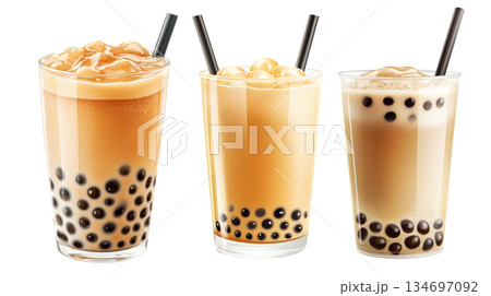 Creamy bubble milk tea with tapioca pearls in glass cup, isolated on white transparent background Creamy bubble milk tea with tapioca pearls in glass cup, isolated on white transparent background 134697092