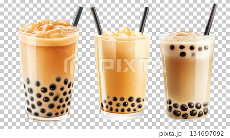 Creamy bubble milk tea with tapioca pearls in glass cup, isolated on white transparent background Creamy bubble milk tea with tapioca pearls in glass cup, isolated on white transparent background 134697092