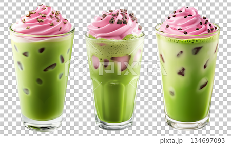 Iced matcha drink topped with pink whipped cream and chocolate bits, isolated on white transparent background 134697093