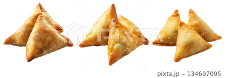 Golden brown crispy samosas isolated on white transparent background, traditional Indian snack concept 134697095
