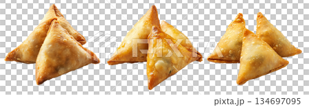 Golden brown crispy samosas isolated on white transparent background, traditional Indian snack concept 134697095