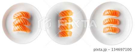 Salmon nigiri sushi arranged neatly on white plate, isolated on white background, concept of Japanese cuisine 134697100