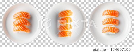 Salmon nigiri sushi arranged neatly on white plate, isolated on white background, concept of Japanese cuisine 134697100