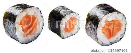 Sushi roll Maki with salmon, avocado, cucumber and rice wrapped in seaweed, isolated on white transparent background Sushi roll Maki with salmon, avocado, cucumber and rice wrapped in seaweed, isolated on white transparent background 134697101