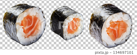Sushi roll Maki with salmon, avocado, cucumber and rice wrapped in seaweed, isolated on white transparent background Sushi roll Maki with salmon, avocado, cucumber and rice wrapped in seaweed, isolated on white transparent background 134697101