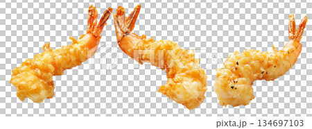 Deep fried shrimps tempura in golden batter, isolated on white background, concept of Japanese cuisine delicacy 134697103
