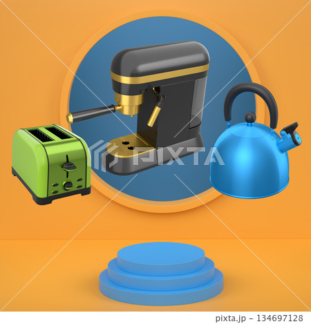 Assorted kitchen appliances including toaster, kettle and coffee maker over podium on abstract background Assorted kitchen appliances including toaster, kettle and coffee maker over podium on abstract background 134697128