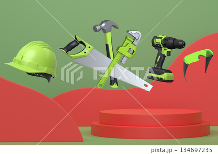 Construction tools and safety equipment floating over podium on abstract background, industrial work and protection concept 134697235