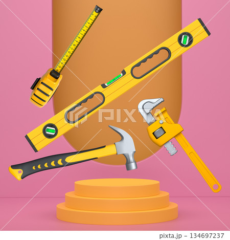 Construction tools and safety equipment floating over podium on abstract background, industrial work and protection concept 134697237