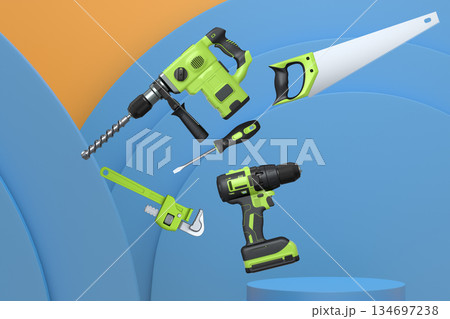 Construction tools and safety equipment floating over podium on abstract background, industrial work and protection concept 134697238