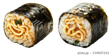 Korean gimbap Kimmari rolls filled with noodles, vegetables, and rice, garnished with sesame seeds, isolated on white Korean gimbap Kimmari rolls filled with noodles, vegetables, and rice, garnished with sesame seeds, isolated on white 134697242