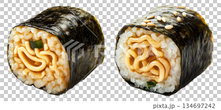 Korean gimbap Kimmari rolls filled with noodles, vegetables, and rice, garnished with sesame seeds, isolated on white 134697242