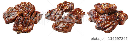Glazed grilled pork ribs Tteokgalbi with sesame seeds, isolated on white transparent background. Concept of barbecue 134697245