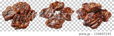 Glazed grilled pork ribs Tteokgalbi with sesame seeds, isolated on white transparent background. Concept of barbecue 134697245