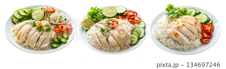 Hainanese chicken rice Khao Man Gai served with sliced cucumbers, chili, and garlic sauce in bowl isolated on white 134697246