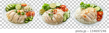 Hainanese chicken rice Khao Man Gai served with sliced cucumbers, chili, and garlic sauce in bowl isolated on white 134697246