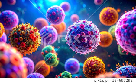 This image displays a cluster of brightly colored, rounded cells with varied surface 134697293