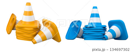 Traffic safety cones with white stripes, isolated on white background with clipping path. Concept of road safety equipment Traffic safety cones with white stripes, isolated on white background with clipping path. Concept of road safety equipment 134697302