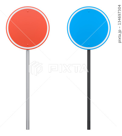 Blank traffic signs with different shapes and colors on metal poles on white background with clipping path, concept of road safety 134697304