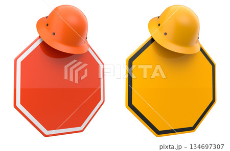 Blank traffic signs with different shapes and colors on metal poles on white background with clipping path, concept of road safety Blank traffic signs with different shapes and colors on metal poles on white background with clipping path, concept of road safety 134697307