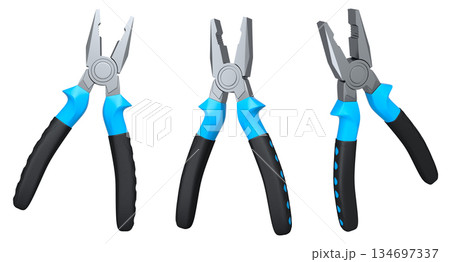 Set of steel pliers with black rubber grips and colorful handles shown isolated on white background, construction tool concept Set of steel pliers with black rubber grips and colorful handles shown isolated on white background, construction tool concept 134697337