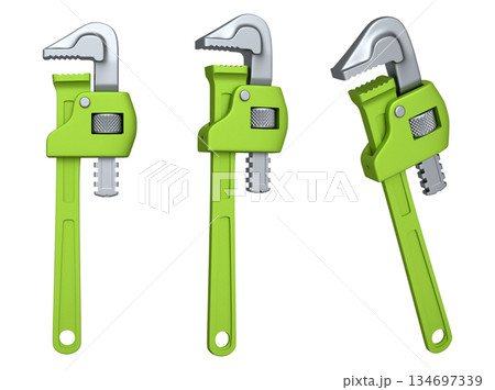 Set of colorful pipe wrenches with metallic jaws isolated on white background with clipping path, concept of construction tools 134697339