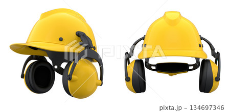 Protective helmets with attached earmuffs isolated on white background with clipping path, safety construction equipment Protective helmets with attached earmuffs isolated on white background with clipping path, safety construction equipment 134697346