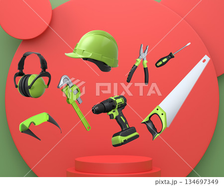 Construction tools and safety equipment floating over podium on abstract background, industrial work and protection concept 134697349