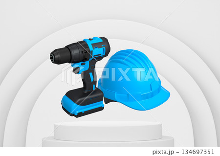 Cordless drill and safety helmet floating above podium, on abstract white background, construction concept Cordless drill and safety helmet floating above podium, on abstract white background, construction concept 134697351