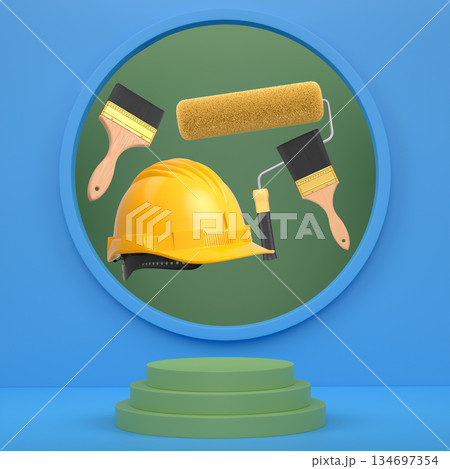 Hard hat, paint brushes and roller brush floating in air over podium on abstract background, renovation and construction tools Hard hat, paint brushes and roller brush floating in air over podium on abstract background, renovation and construction tools 134697354