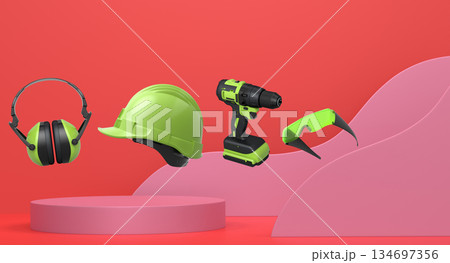 Construction tools and safety equipment floating over podium on abstract background, industrial work and protection concept 134697356