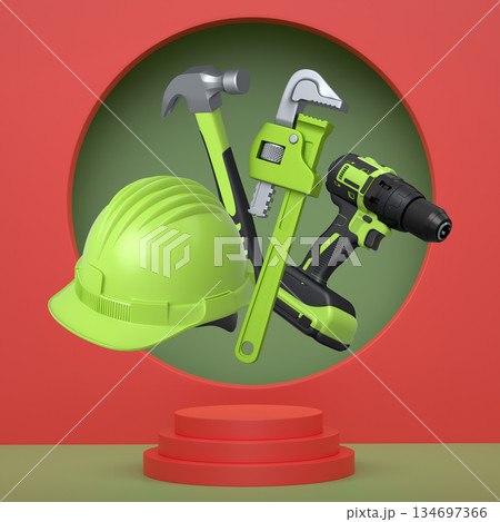 Construction tools and safety equipment floating over podium on abstract background, industrial work and protection concept Construction tools and safety equipment floating over podium on abstract background, industrial work and protection concept 134697366