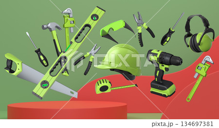 Construction tools and safety equipment floating over podium on abstract background, industrial work and protection concept Construction tools and safety equipment floating over podium on abstract background, industrial work and protection concept 134697381