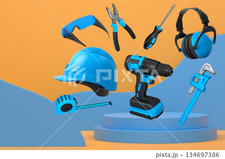 Construction tools and safety equipment floating over podium on abstract background, industrial work and protection concept Construction tools and safety equipment floating over podium on abstract background, industrial work and protection concept 134697386