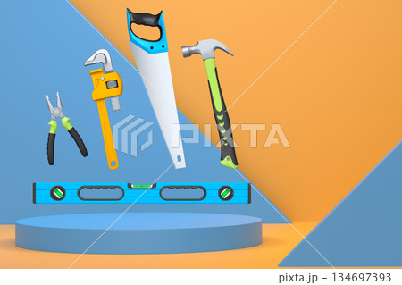 Colorful saw, hammer, and wrench floating in mid-air above white pedestal or podium, concept of construction and repair Colorful saw, hammer, and wrench floating in mid-air above white pedestal or podium, concept of construction and repair 134697393