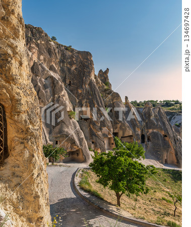 Ancient rock-cut cave dwellings and churches at Goreme Open-Air Museum, Cappadocia, Turkey 134697428