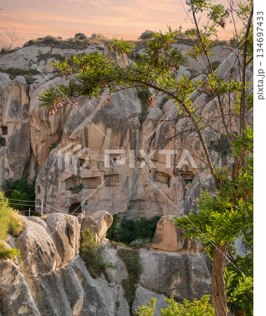 Ancient cave dwellings and unique rock formations at Goreme Open-Air Museum, Cappadocia, Turkey 134697433