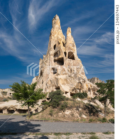Historic rock-cut dwellings in Goreme Open-Air Museum, a UNESCO World Heritage site in Cappadocia, Turkey. 134697443