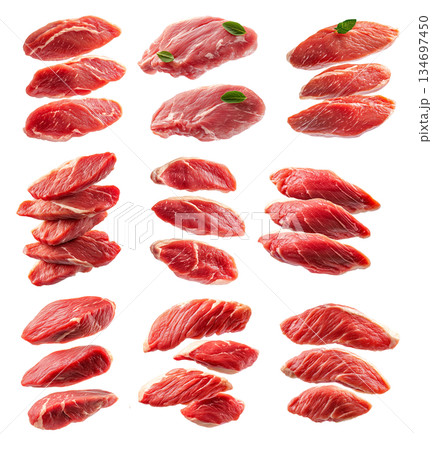 Set of slices of turkey breast cut isolated on white transparent background, showcasing quality and texture 134697450