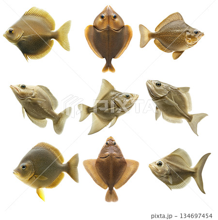 Set of fish Flatfish featuring intricate spotted gold scales detailed texture isolated on white transparent background 134697454