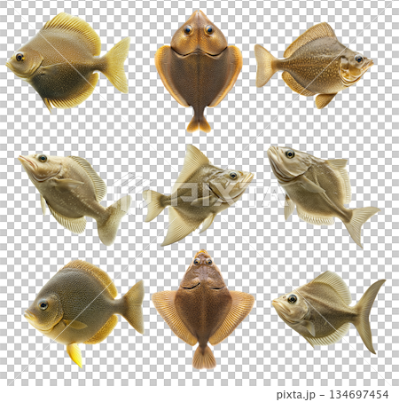 Set of fish Flatfish featuring intricate spotted gold scales detailed texture isolated on white transparent background 134697454