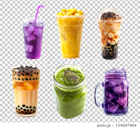 Pineapple juice and ice cubes, Bubble tea drink with tapioca pearls and Grape soda cocktail isolated on white background 134697464