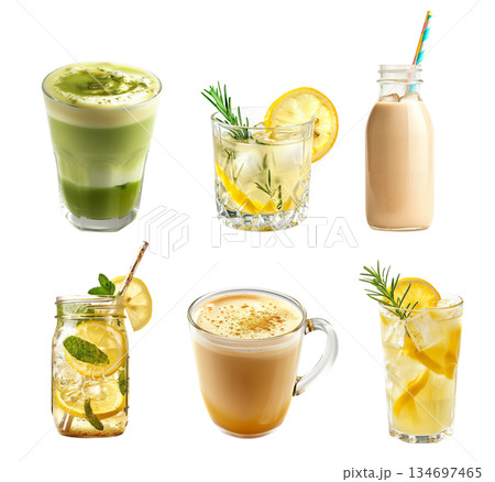 Cocktail or lemonade with lemon and lime, creamy matcha chai latte, milk tea isolated on white transparent background Cocktail or lemonade with lemon and lime, creamy matcha chai latte, milk tea isolated on white transparent background 134697465