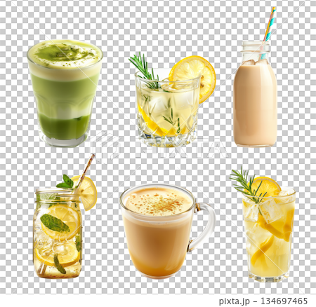 Cocktail or lemonade with lemon and lime, creamy matcha chai latte, milk tea isolated on white transparent background 134697465